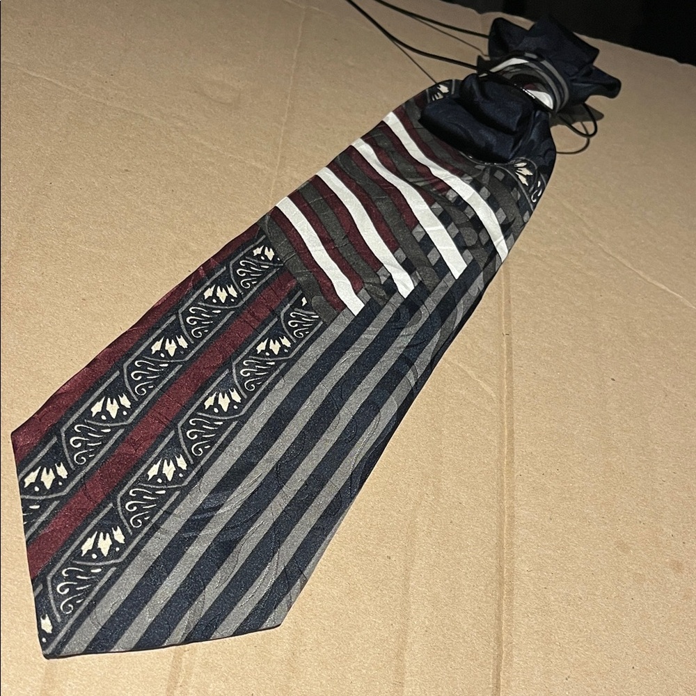 Upcycled Elegant Striped Tie in burgundy black and Beige.